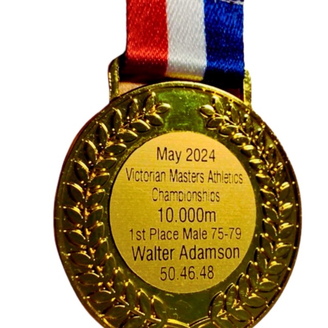 Walter Adamson's gold medal — Victorian Masters Athletics 10km road race 2025