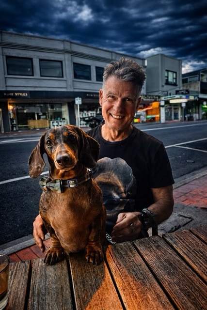 Walter Adamson with his dachshund Steve at Black Rock beach, Bayside Melbourne